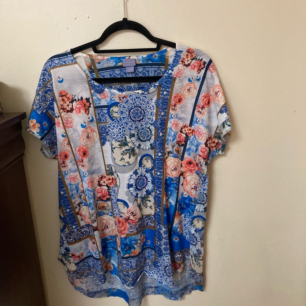 Laura Scott Blue Floral Short Sleeve Shirt XL